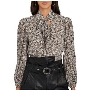 INTERMIX Krissia Tie-Neck Smocked Blouse in Grey, Size 10